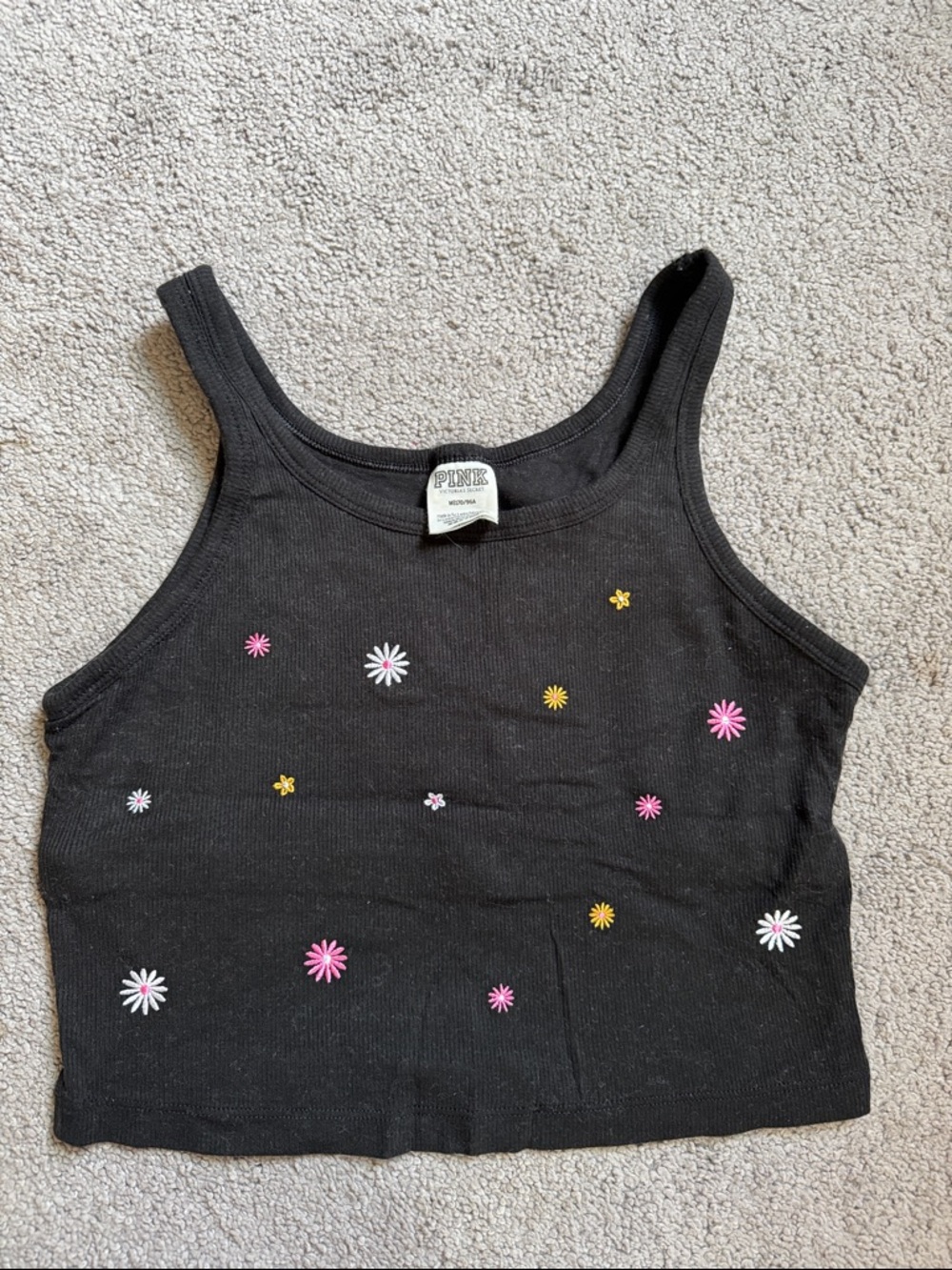 PINK Victoria's Secret Black Ribbed Tank Top with Daisy Embroidery